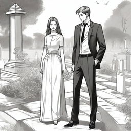 A detailed sketched image of a beautiful young and modern girl and a handsome tall young man in a designer suit standing in a cemetery