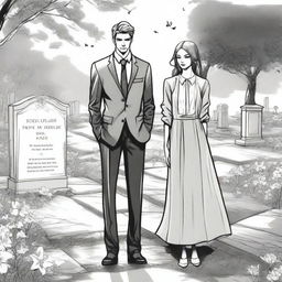 A detailed sketched image of a beautiful young and modern girl and a handsome tall young man in a designer suit standing in a cemetery