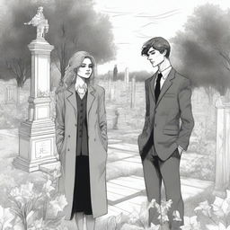 A detailed sketched image of a beautiful young and modern girl with loose curls and a handsome tall young man in a designer suit standing in a cemetery