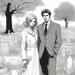 A detailed sketched image of a beautiful young and modern girl with loose curls and a handsome tall young man in a designer suit standing in a cemetery