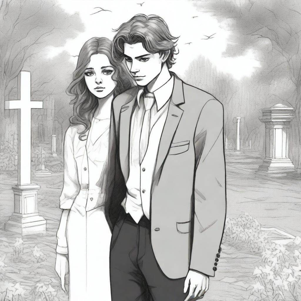 A detailed sketched image of a beautiful young and modern girl with loose curls and a handsome tall young man in a designer suit standing in a cemetery