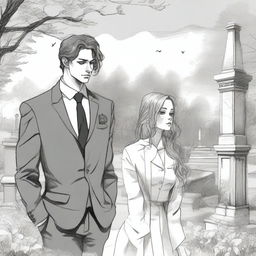 A detailed sketched image of a beautiful young and modern girl with loose curls and a handsome tall young man in a designer suit standing in a cemetery