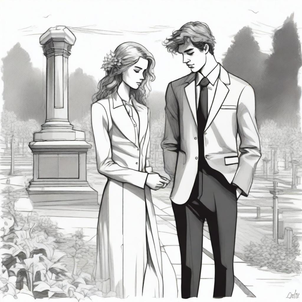 A detailed sketched image of a beautiful young and modern girl with loose curls and a handsome tall young man in a designer suit standing in a cemetery