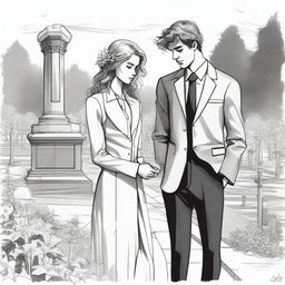 A detailed sketched image of a beautiful young and modern girl with loose curls and a handsome tall young man in a designer suit standing in a cemetery