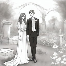 A detailed sketched image of a beautiful young and modern girl with loose curls and a handsome tall young man in a designer suit standing in a cemetery