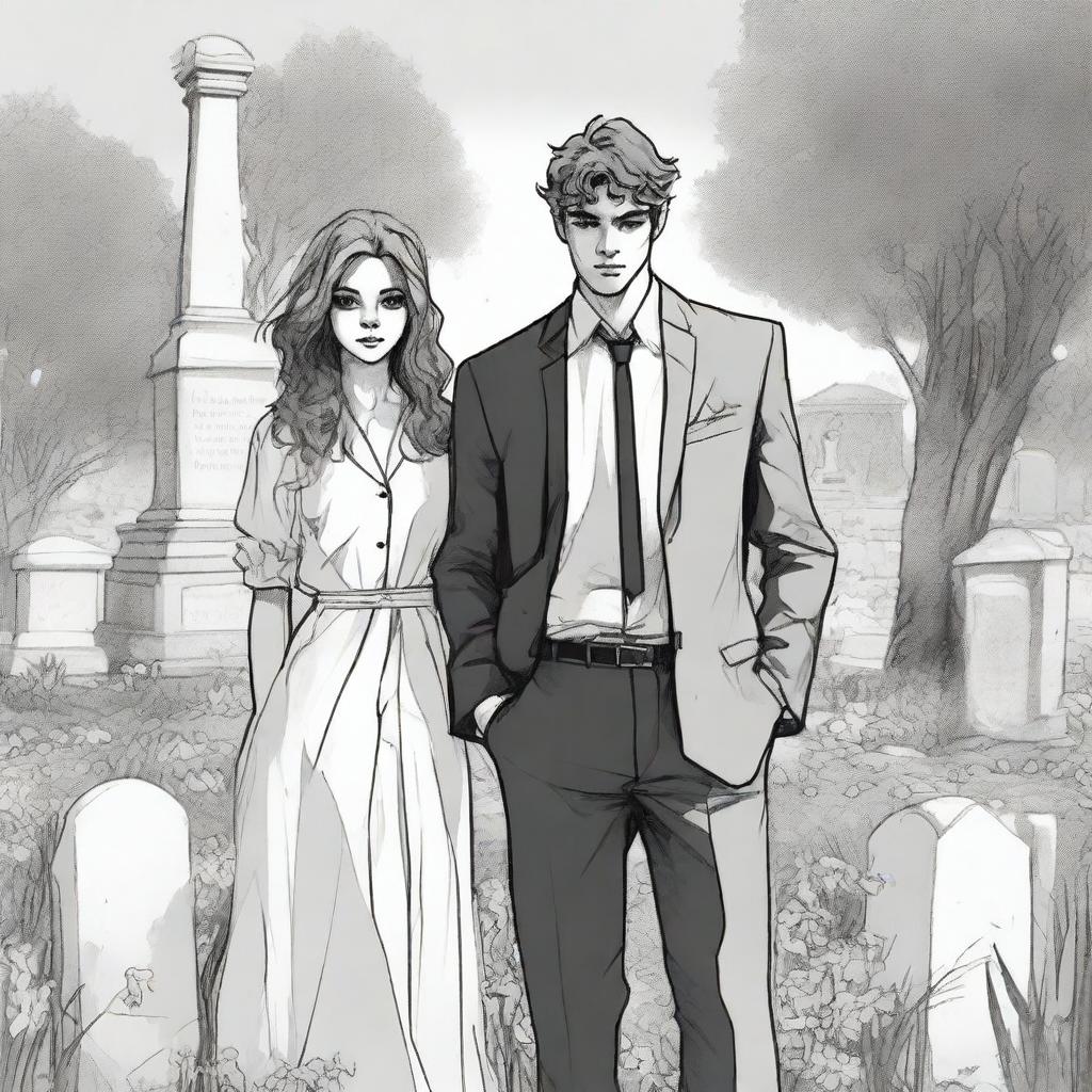 A detailed sketched image of a beautiful young and modern girl with loose curls and a handsome tall young man in a designer suit standing in a cemetery