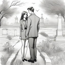 A detailed sketched image of a beautiful young and modern girl with loose curls and a handsome tall young man in a designer suit standing in a cemetery