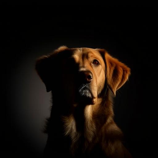 A dog portrayed in a well-lit centre with a vignette effect gradually darkening towards the corners.