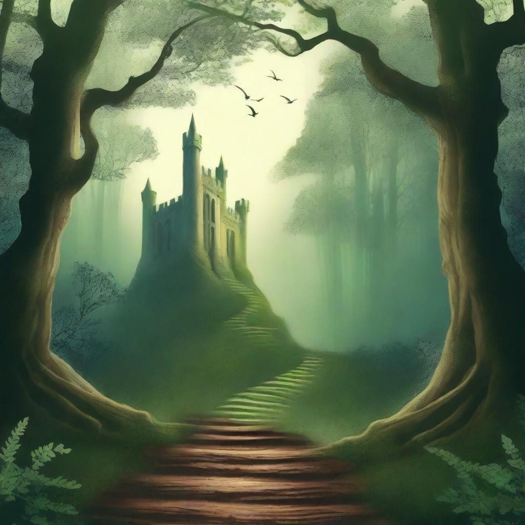 A captivating book cover featuring an enchanting forest scene with a mysterious path leading to an ancient castle