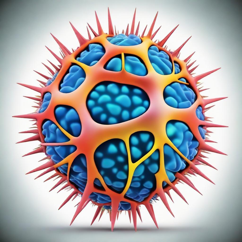 A highly detailed and colorful illustration of a virus, showing its intricate structure with spikes and a spherical body