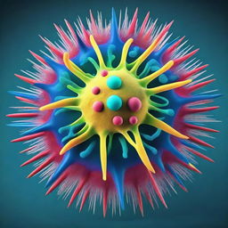 A highly detailed and colorful illustration of a virus, showing its intricate structure with spikes and a spherical body