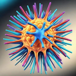 A highly detailed and colorful illustration of a virus, showing its intricate structure with spikes and a spherical body