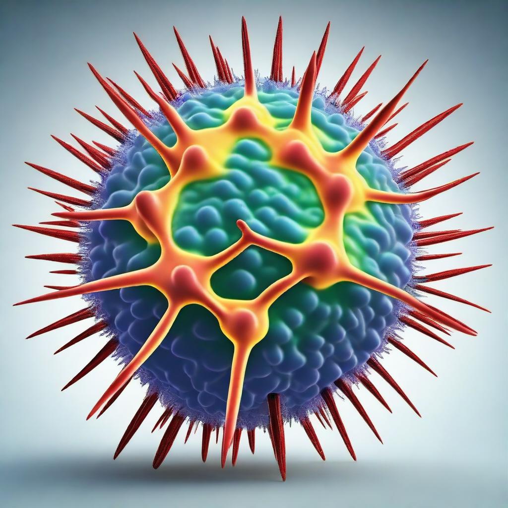 A highly detailed and colorful illustration of a virus, showing its intricate structure with spikes and a spherical body