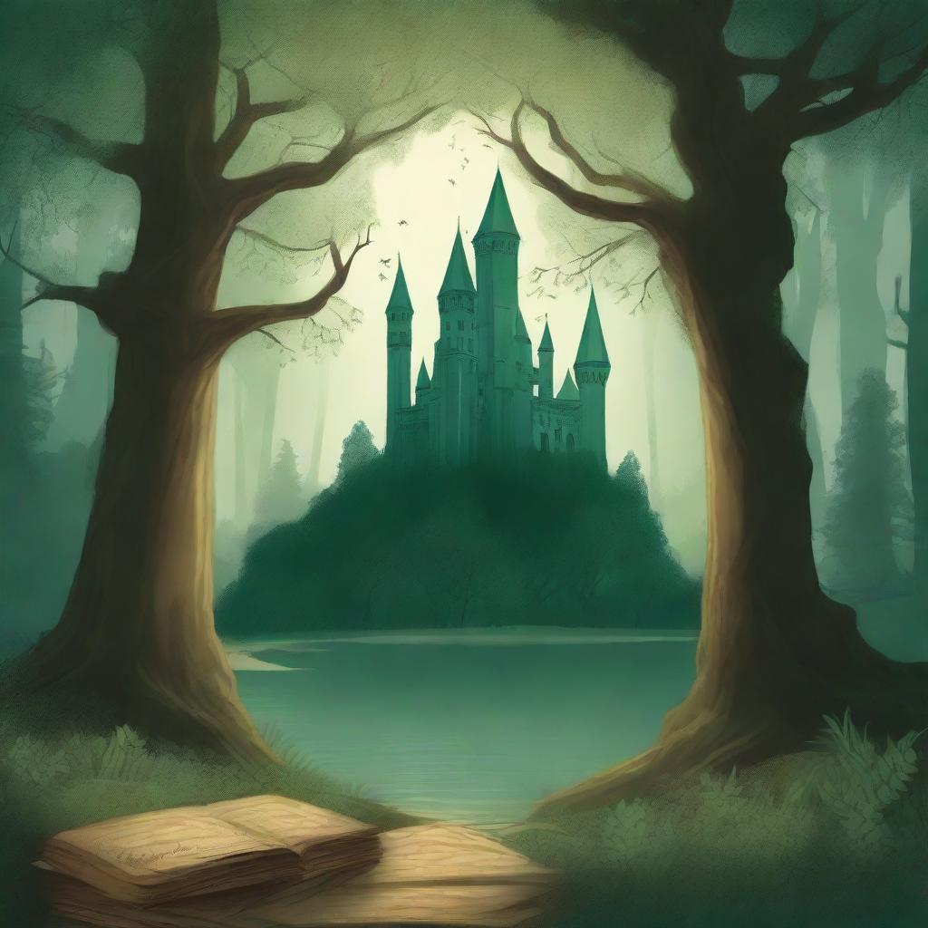 A captivating book cover featuring a mystical forest with towering trees and a hidden path leading to an ancient castle in the distance