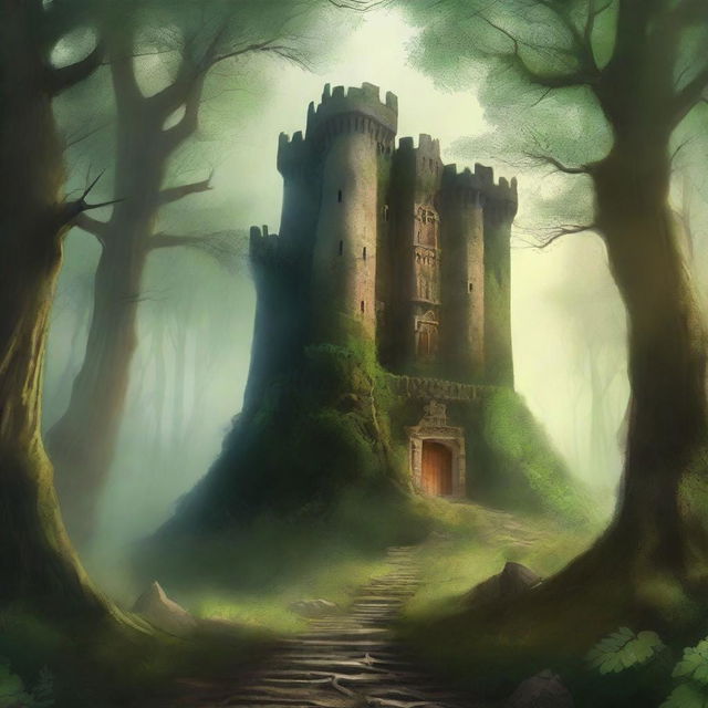 A captivating book cover featuring a mystical forest with towering trees and a hidden path leading to an ancient castle in the distance