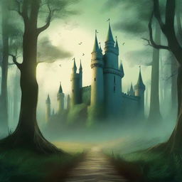 A captivating book cover featuring a mystical forest with towering trees and a hidden path leading to an ancient castle in the distance