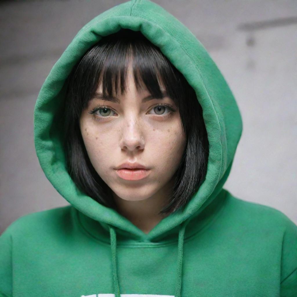 casual photograpy medium body,black and white letters hip hop stamp hoodie, female , 23 year old with green eyes and black long hai with withe streaks in the bangs .,freckles, selfo, relax time, medium distance shot, 4k hd,  --styerw--v 5.2 ar 2-3