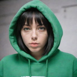 casual photograpy medium body,black and white letters hip hop stamp hoodie, female , 23 year old with green eyes and black long hai with withe streaks in the bangs .,freckles, selfo, relax time, medium distance shot, 4k hd,  --styerw--v 5.2 ar 2-3