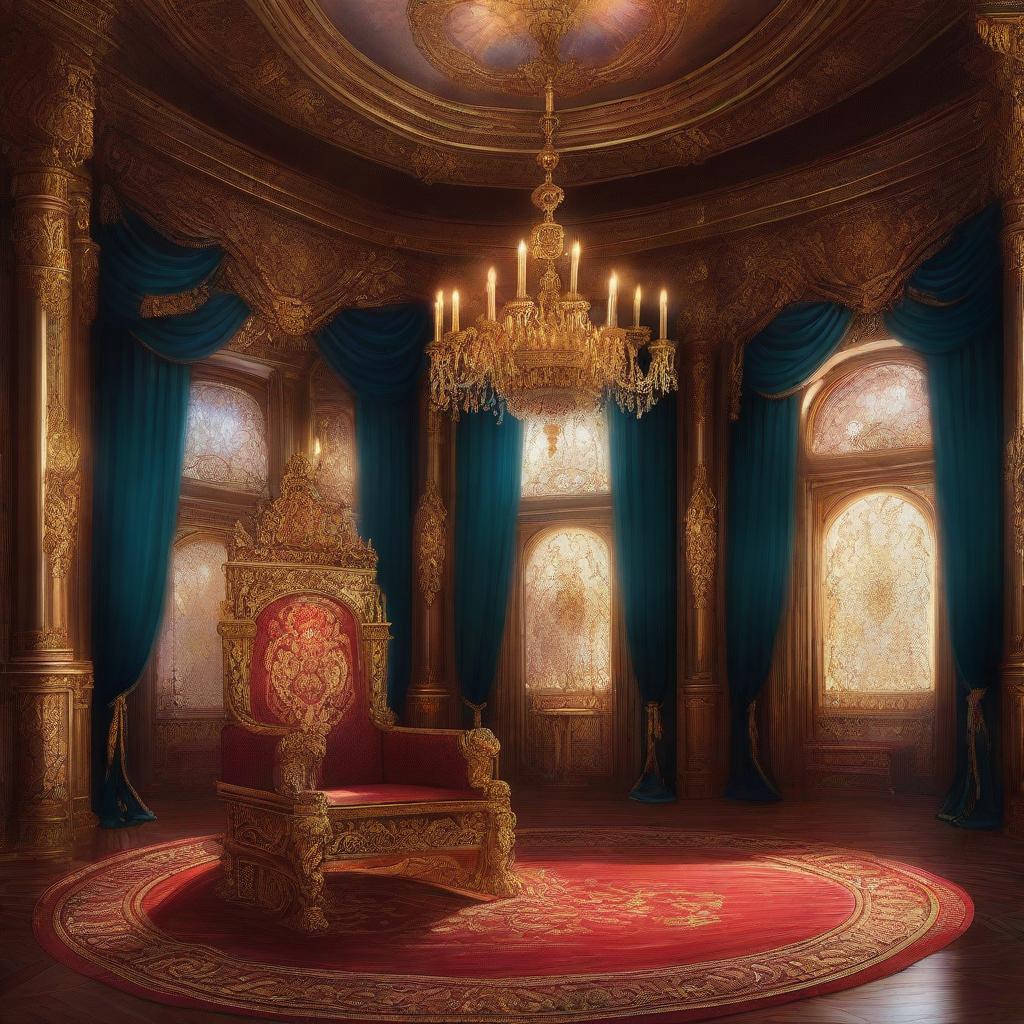 A majestic royal throne room in a detailed digital painting