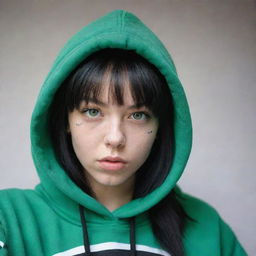 casual photograpy medium body,black and white letters hip hop stamp hoodie, female , 23 year old with green eyes and black long hai with withe streaks in the bangs .,freckles, selfo, relax time, medium distance shot, 4k hd,  --styerw--v 5.2 ar 2-3