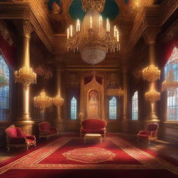 A majestic royal throne room in a detailed digital painting