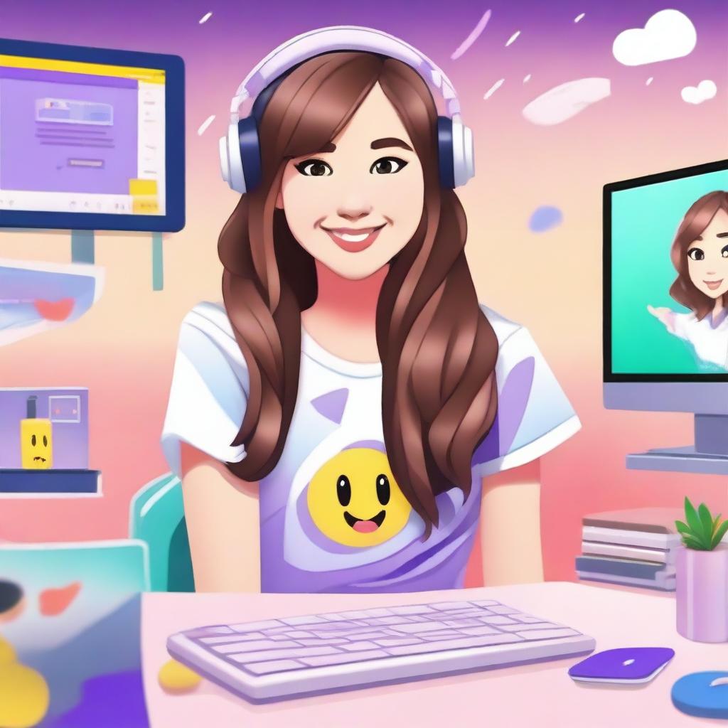 Create an image of Pokimane, the popular Twitch streamer and content creator, in a fun and vibrant setting