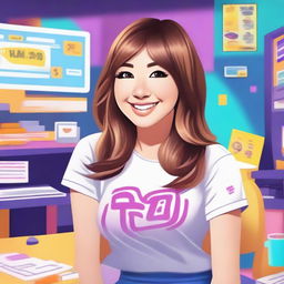 Create an image of Pokimane, the popular Twitch streamer and content creator, in a fun and vibrant setting