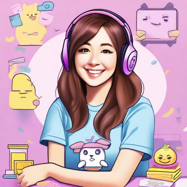 Create an image of Pokimane, the popular Twitch streamer and content creator, in a fun and vibrant setting