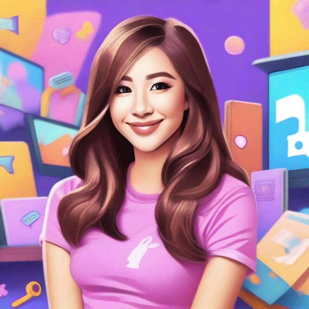 Create an image of Pokimane, the popular Twitch streamer and internet personality, in a vibrant and lively setting