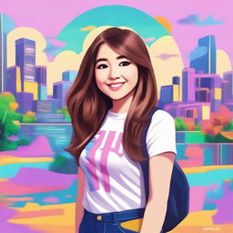 Create an image of Pokimane, the popular Twitch streamer and internet personality, in a vibrant and lively setting