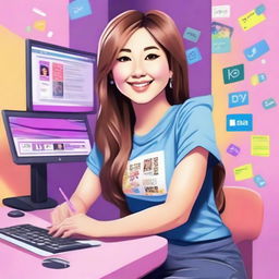 Create an image of Pokimane, the popular Twitch streamer and internet personality, in a vibrant and lively setting