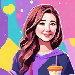 Create an image of Pokimane, the popular Twitch streamer and internet personality, in a vibrant and lively setting