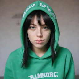 casual photograpy medium body,black and white letters hip hop stamp hoodie, female , 23 year old with green eyes and black long hai with withe streaks in the bangs .,freckles, selfo, relax time, medium distance shot, 4k hd,  --styerw--v 5.2 ar 2-3