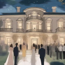 A detailed sketched image of a huge modern mansion with fairy lights elegantly designed in the yard