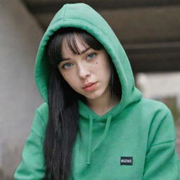 casual photograpy medium body,black and white letters hip hop stamp hoodie, female , 23 year old with green eyes and black long hai with withe streaks in the bangs .,freckles, selfo, relax time, medium distance shot, 4k hd,  --styerw--v 5.2 ar 2-3