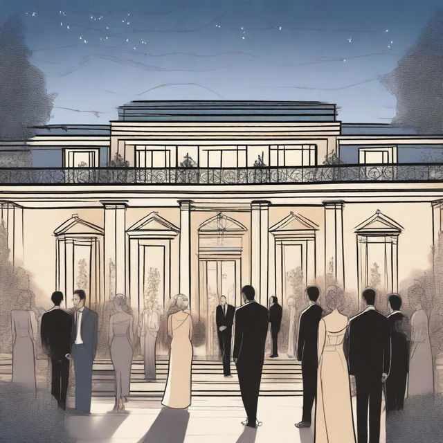 A detailed sketched image of a huge modern mansion with fairy lights elegantly designed in the yard