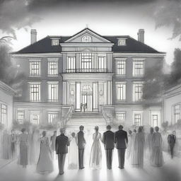 A detailed pencil sketched image of a huge modern mansion with fairy lights designed in the yard