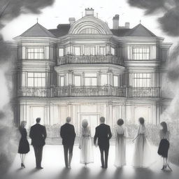 A detailed pencil sketched image of a huge modern mansion with fairy lights designed in the yard
