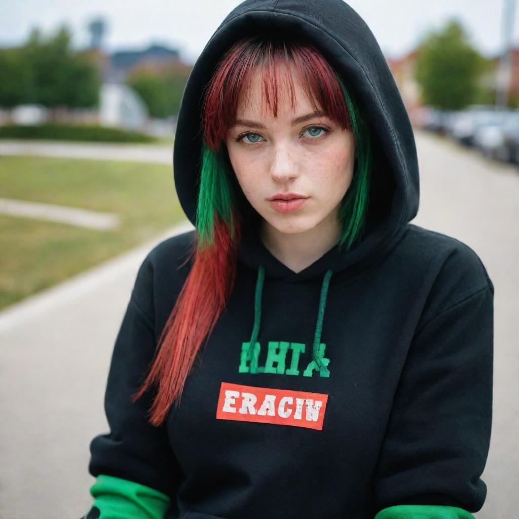 casual photograpy medium body,black with red letters hip hop stamp hoodie, female , 23 year old with green eyes and black long hai with withe streaks in the bangs .,freckles, selfo, relax time, medium distance shot, 4k hd,  --styerw--v 5.2 ar 2-3