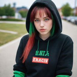 casual photograpy medium body,black with red letters hip hop stamp hoodie, female , 23 year old with green eyes and black long hai with withe streaks in the bangs .,freckles, selfo, relax time, medium distance shot, 4k hd,  --styerw--v 5.2 ar 2-3