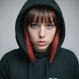 casual photograpy medium body,black with red letters hip hop stamp hoodie, female , 23 year old with green eyes and black long hai with withe streaks in the bangs .,freckles, selfo, relax time, medium distance shot, 4k hd,  --styerw--v 5.2 ar 2-3