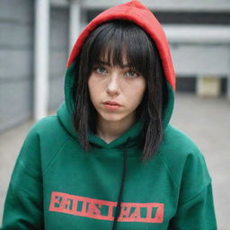 casual photograpy medium body,black with red letters hip hop stamp hoodie, female , 23 year old with green eyes and black long hai with withe streaks in the bangs .,freckles, selfo, relax time, medium distance shot, 4k hd,  --styerw--v 5.2 ar 2-3