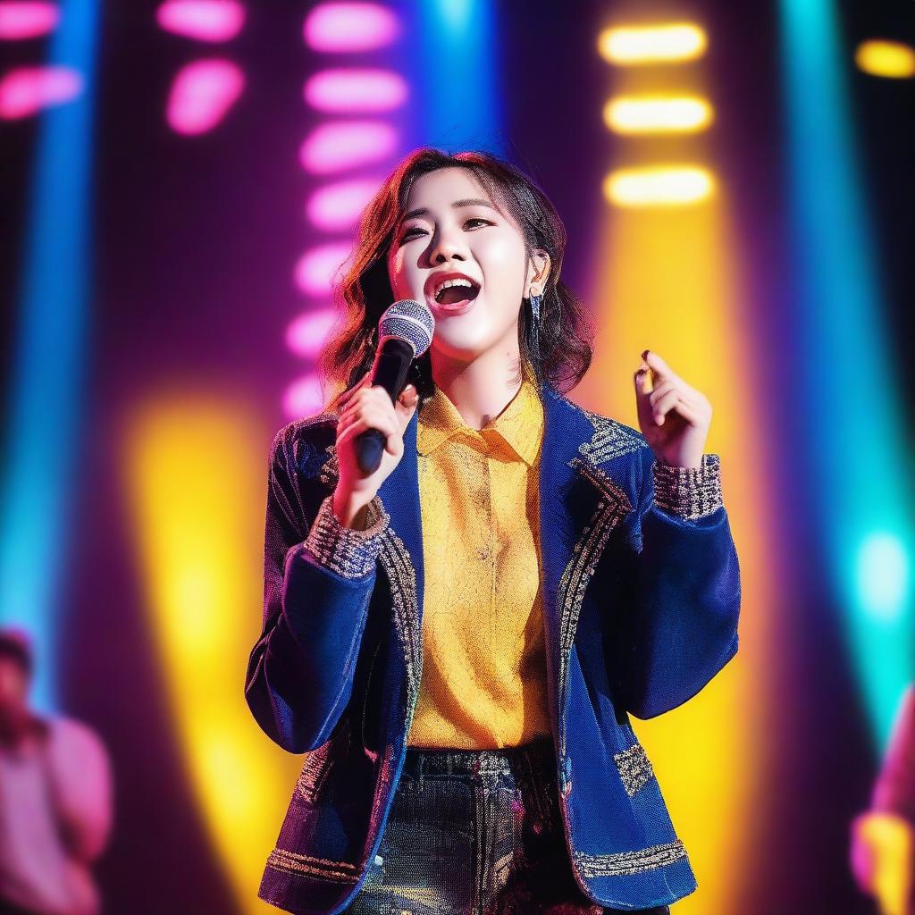 A young female singer named Lotte holding a microphone, performing on stage with vibrant lighting and a lively audience in the background