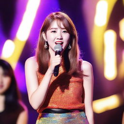 A young female singer named Lotte holding a microphone, performing on stage with vibrant lighting and a lively audience in the background