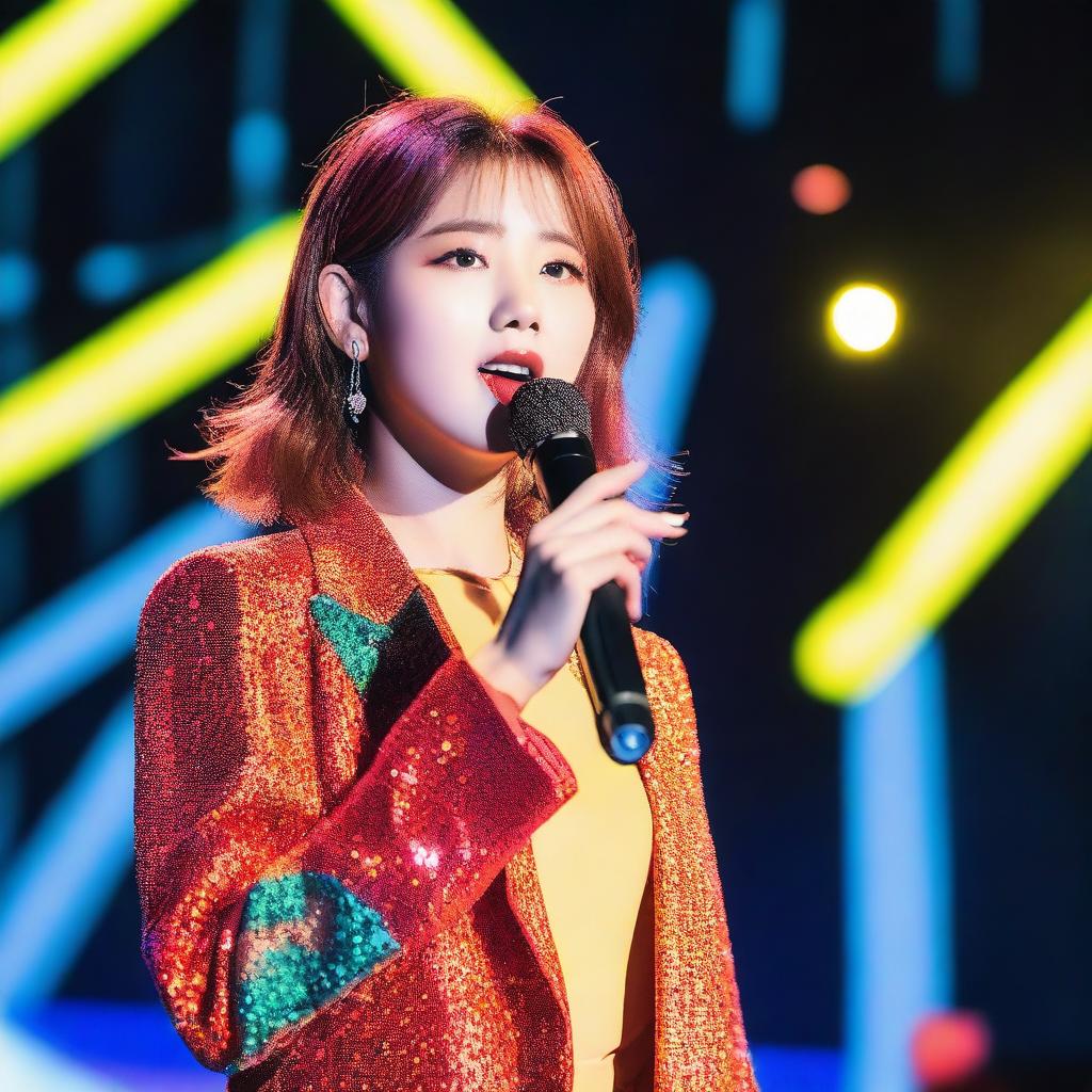 A young female singer named Lotte holding a microphone, performing on stage with vibrant lighting and a lively audience in the background