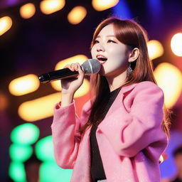 A young female singer named Lotte holding a microphone, performing on stage with vibrant lighting and a lively audience in the background