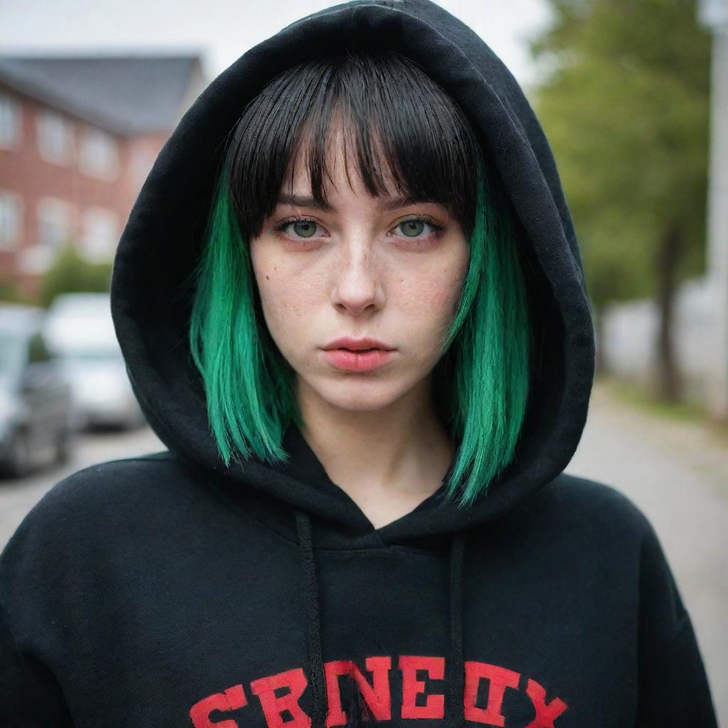 casual photograpy medium body,black with red letters hip hop stamp hoodie, female , 23 year old with green eyes and black long hai with withe streaks in the bangs .,freckles, selfo, relax time, medium distance shot, 4k hd,  --styerw--v 5.2 ar 2-3