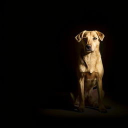 A dog portrayed in a well-lit centre with a vignette effect gradually darkening towards the corners.