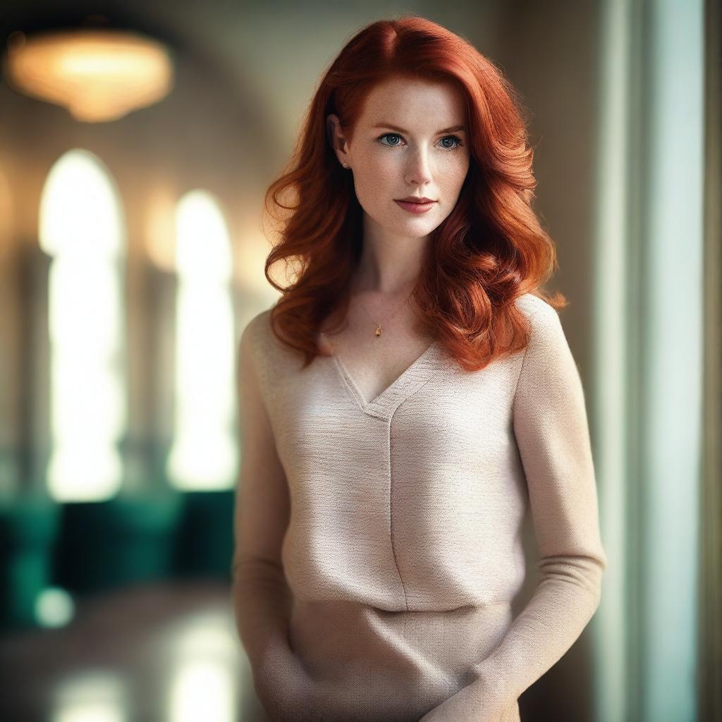 A redhead woman with a confident and elegant demeanor, wearing stylish clothing that accentuates her figure