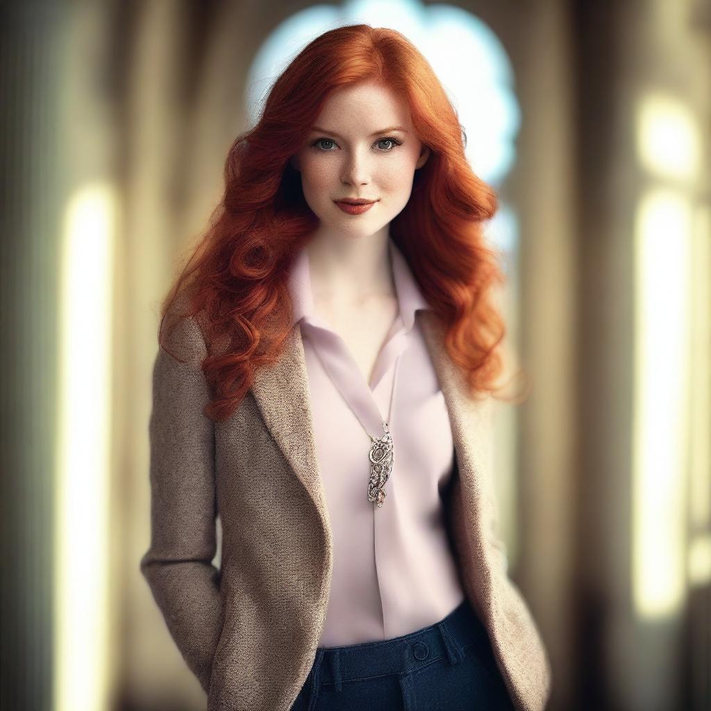 A redhead woman with a confident and elegant demeanor, wearing stylish clothing that accentuates her figure